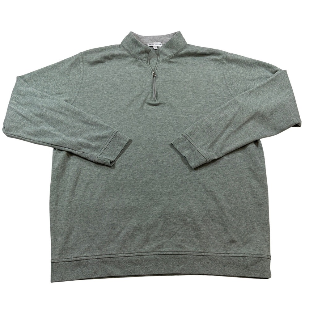 Peter Millar Mens Large Sage Green Heather Cotton Modal Quarter Zip Pullover